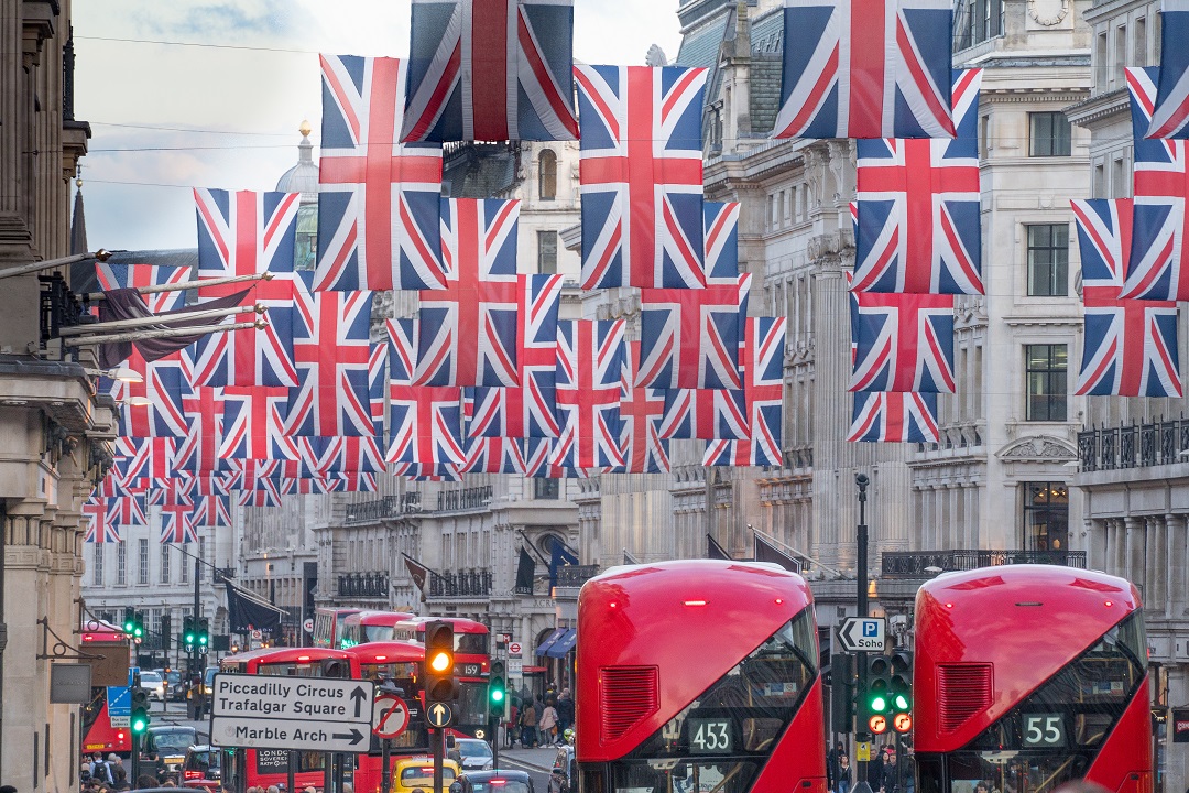 Union Jack flags on display in Regent Street in London in preparation for the royal wedding of Prince Harry and Meghan Markle on May 19.