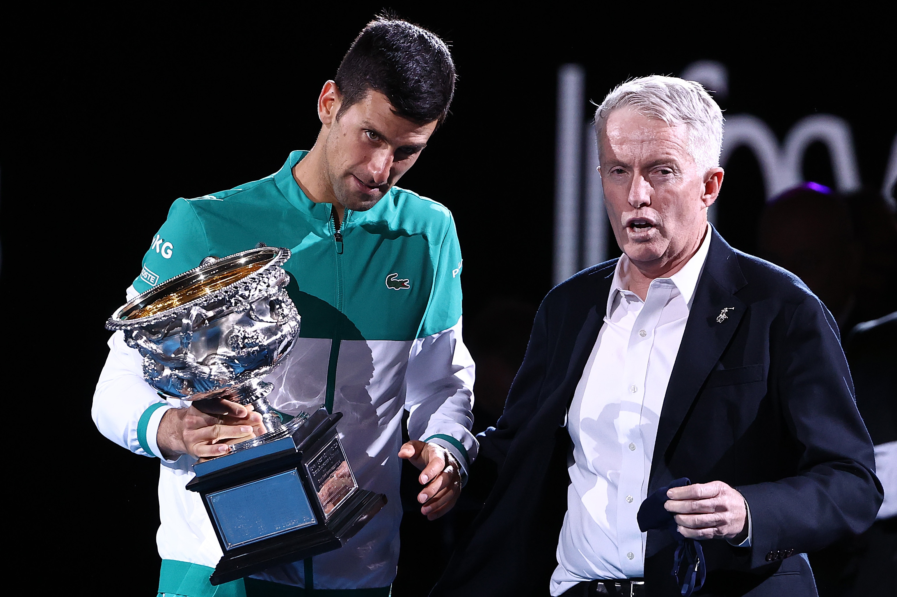 Novak Djokovic of Serbia speaks with CEO of Tennis Australia Craig Tiley on 21February 21, 2021 in Melbourne, Australia.