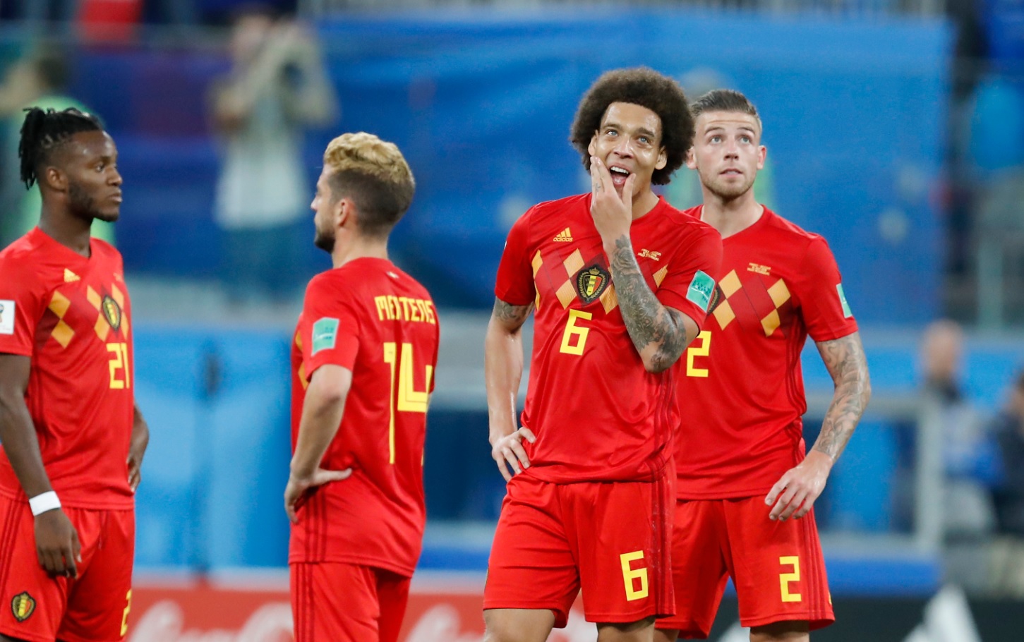 Belgium national soccer team players stand at the end the semifinal match between France and Belgium at the 2018 soccer World Cup in the St. Petersburg Stadium