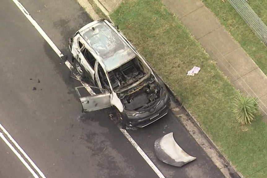 A burnt-out car was found in a nearby street.
