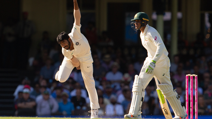 Jasprit Bumrah of India Bowling on day two of the Fourth Test match between Australia and India at the SCG in Sydney.