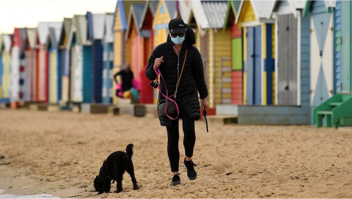 A person wearing a face mask is seen walking their dog along Brighton beach in Melbourne during the Stage Four lockdown. 