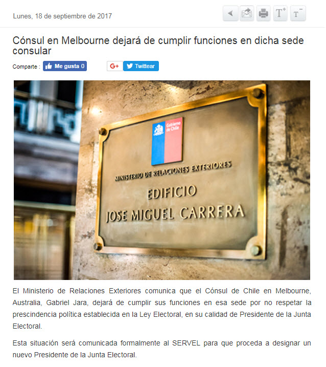 Removido consul de chile en Melbourne