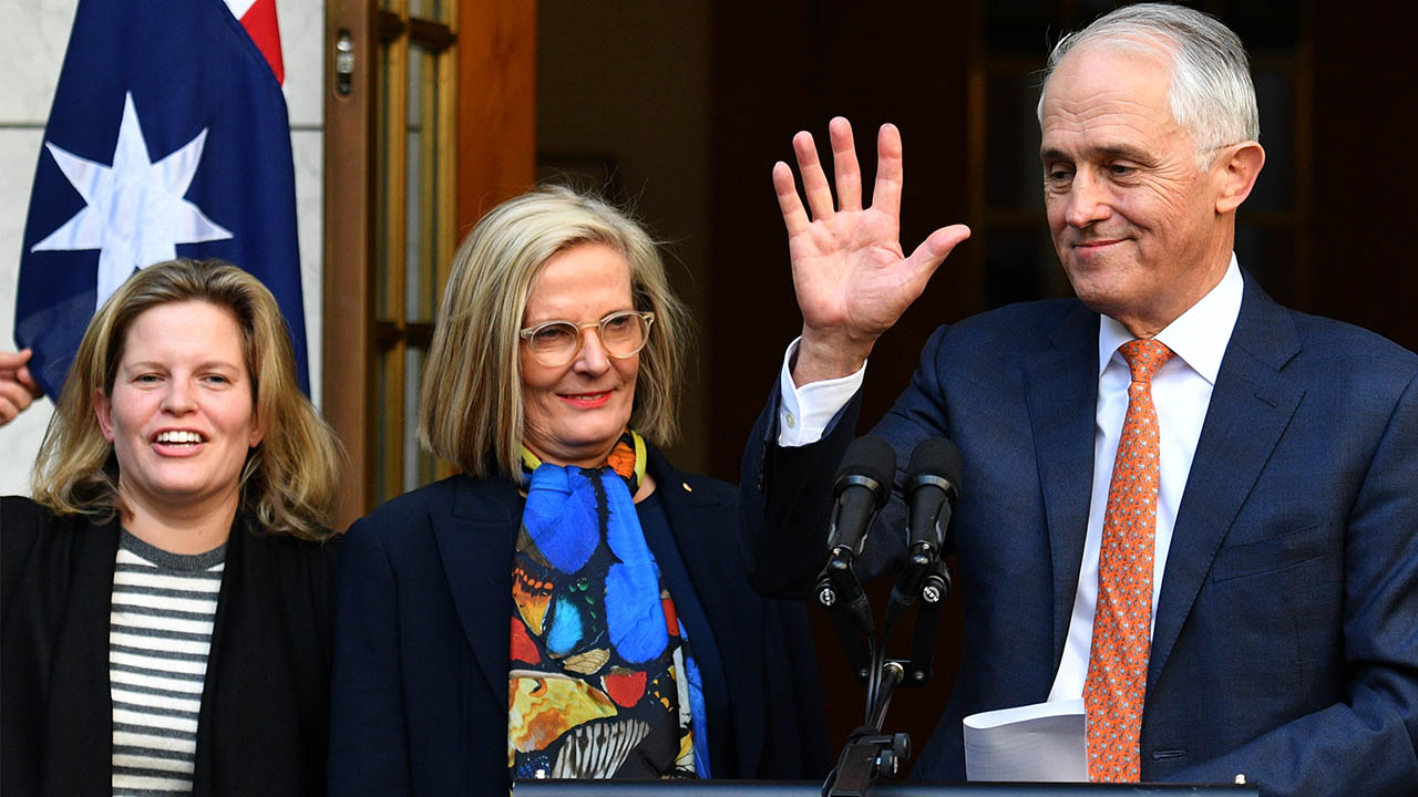 Former Prime Minister Malcolm Turnbull, wife Lucy and daughter Daisy leave after his farewell press conference at Parliament House in Canberra.