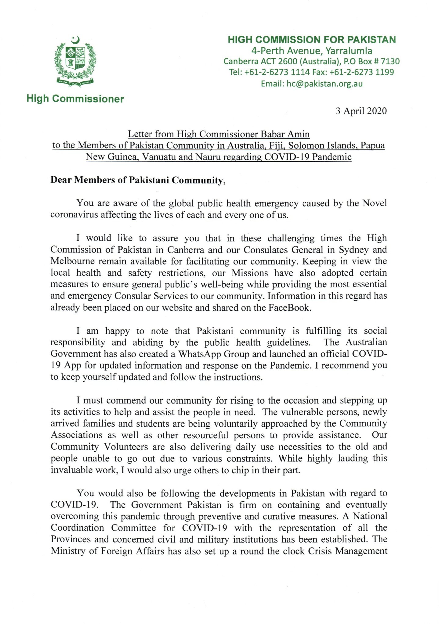 Pakistan High Commission letter COVID-19