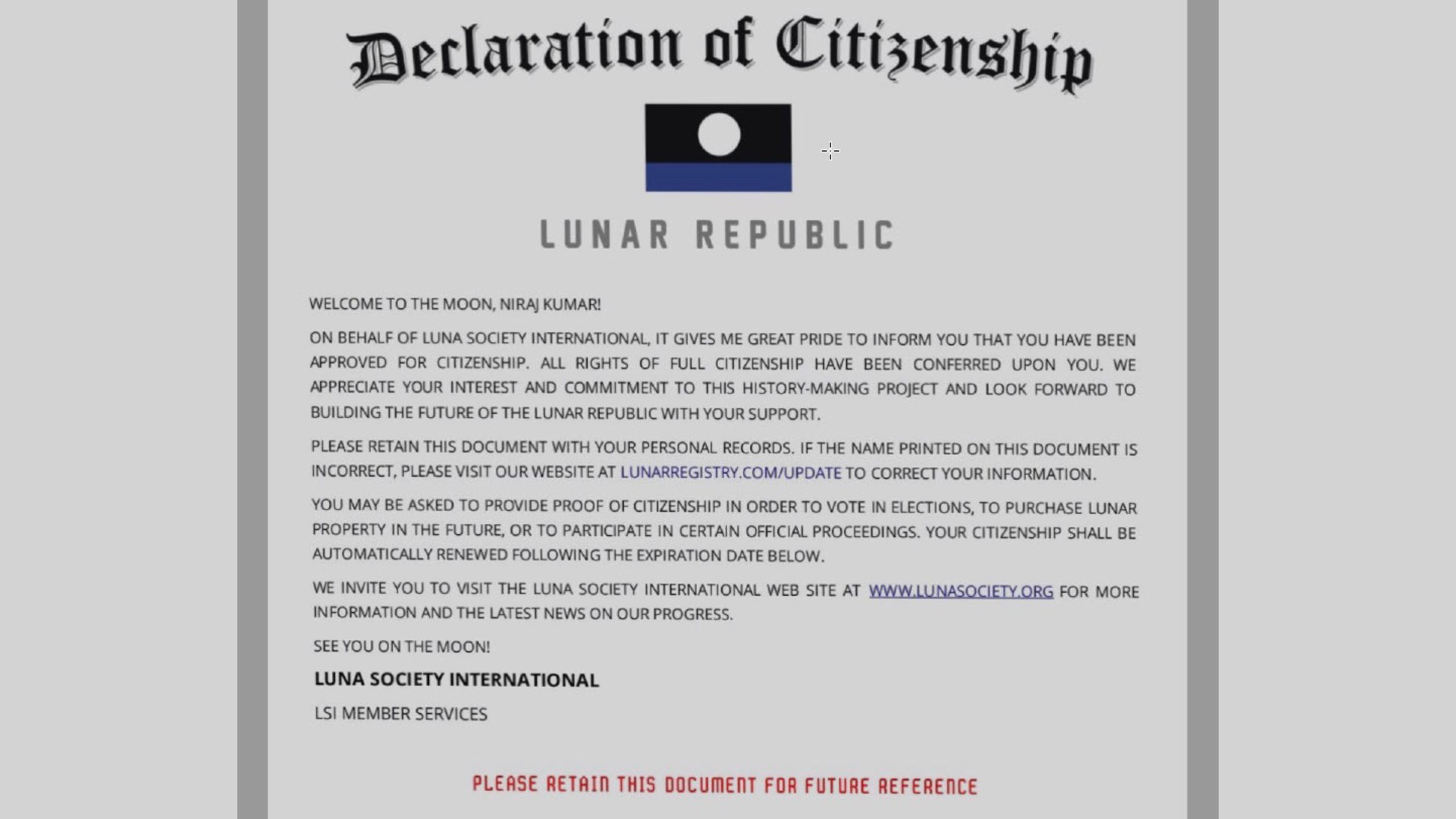 Neeraj Giri_Citizenship certificate of Lunar republic