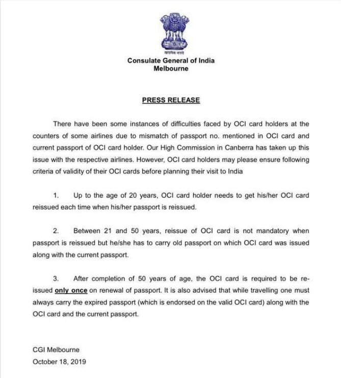 A press release issued by Consulate General of India in Melbourne, in the wake of the OCI cardholder issues