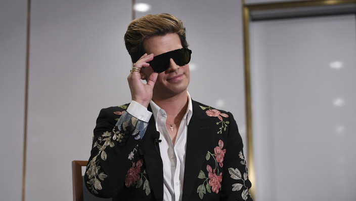 British alt-right commentator Milo Yiannopoulos speaks during an event at Parliament House in Canberra. 