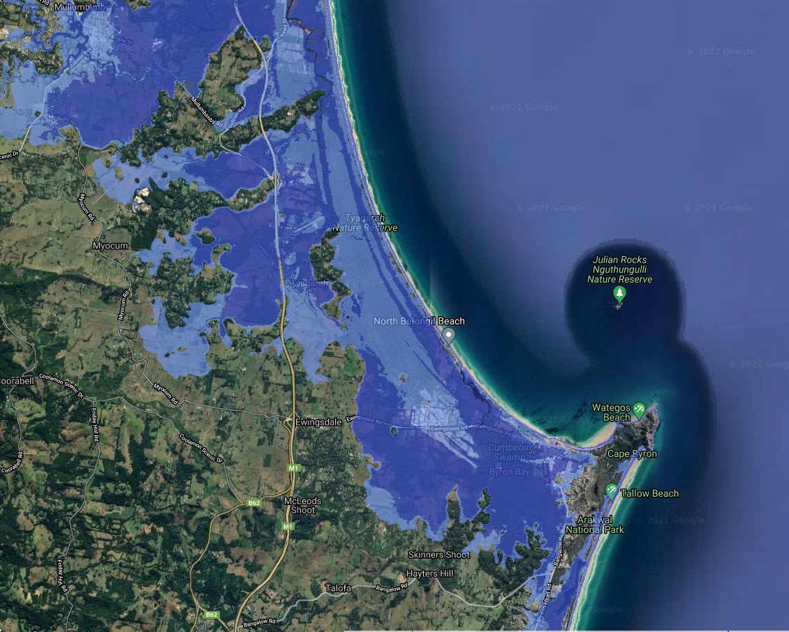 Interactive Coastal Risk Australia map showing projected inundation around Cape Byron, NSW (NGIS)