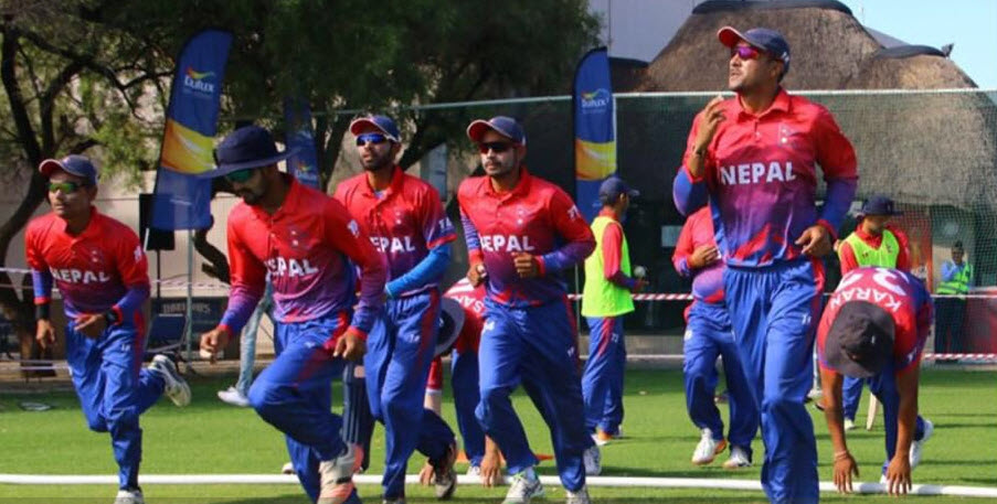 Nepal's cricket team celebrating after defeating Canada in World Cricket League Division 2 on 14th February 2018.