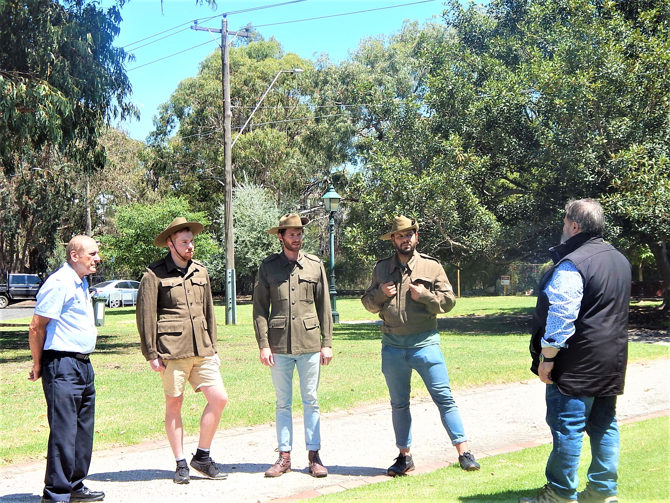 Hellenic RSL's Steve Kyritsis (L) and (R) Terry Kanellos with actors Daniel Deards, Rhys Hamlyn, and Arthur Giamalidis, Hellenic RSL, South Melbourne.