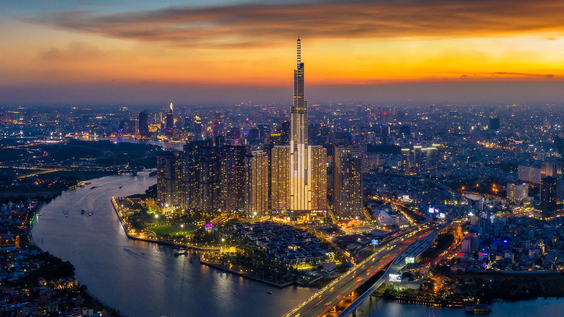Panorama of Ho Chi Minh City skyline at sunset